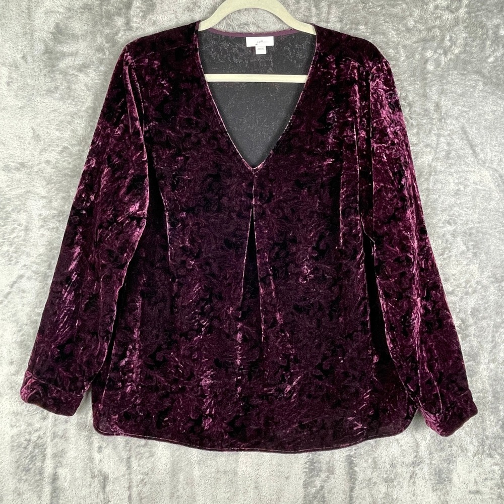 J. Jill Velvet Burnout Blouse Women L Purple Excellent V-Neck Floral Long Sleeve